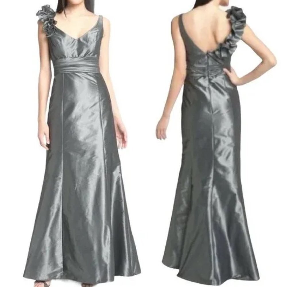 Designer Amsale - Long Formal Maxi Dress Gown Metallic Silver 4 Taffeta